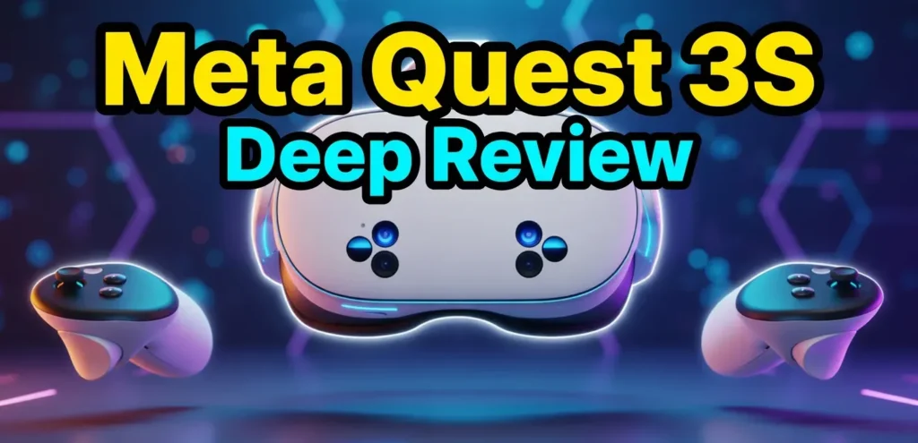Meta Quest 3S deep review showcasing the front sensor array and Touch Plus controllers.