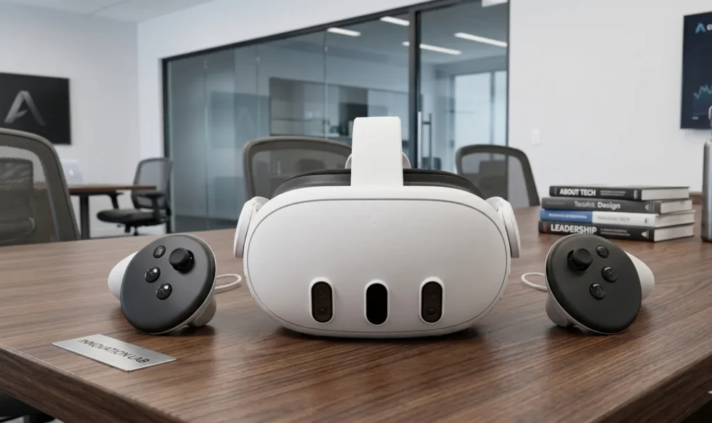 Meta Quest 3S headset and ringless Touch Plus controllers on a wooden office table. Meta Quest 3 512GB Review