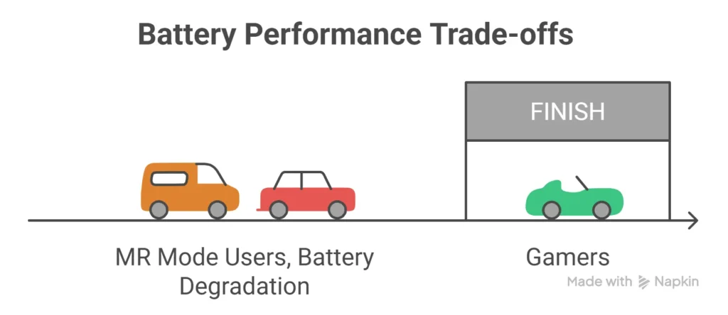 Infographic explaining why MR mode drains Meta Quest battery faster than gaming.