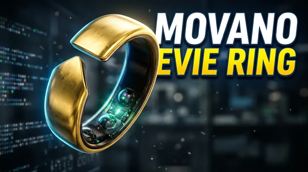 Gold Movano Evie Ring with open gap design showing internal health sensors.
