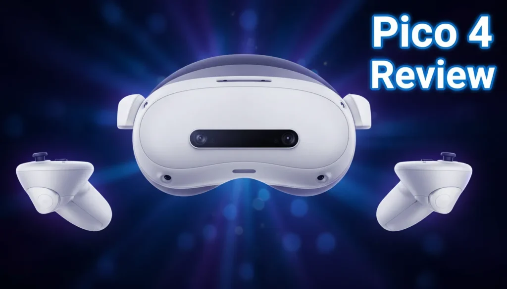Pico 4 standalone VR headset and motion controllers for a product review.