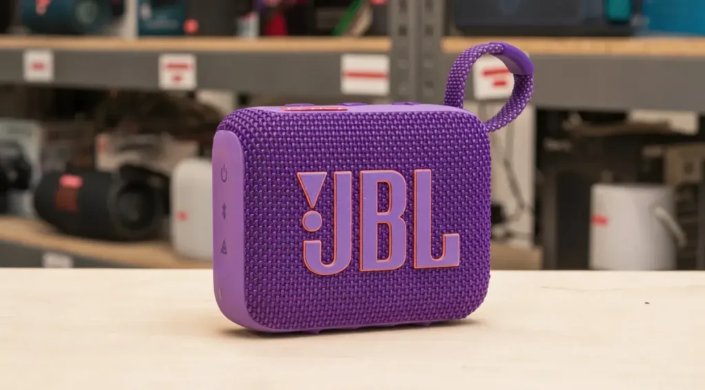 Purple JBL Go 4 ultra-portable Bluetooth speaker with integrated finger loop.