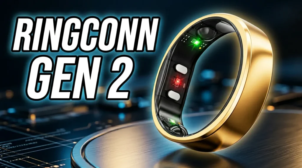 Gold RingConn Gen 2 smart ring showcasing active internal LED sensors.