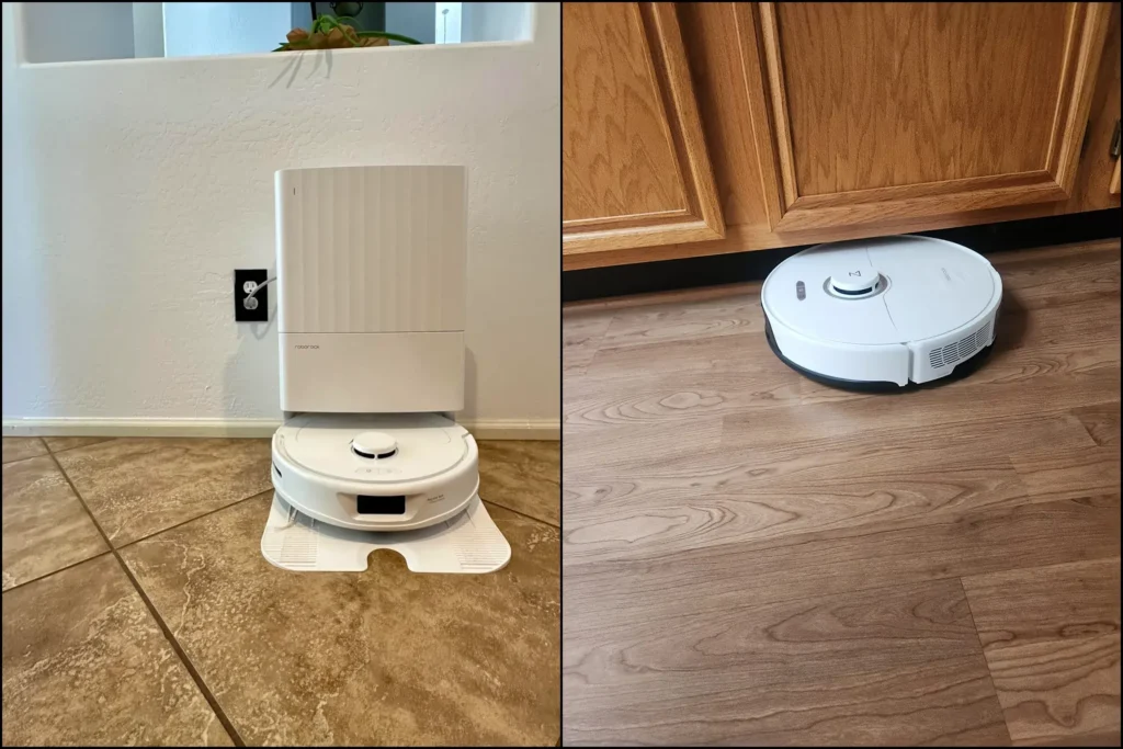 Roborock Qrevo tall auto-wash dock vs Roborock S8 cleaning under cabinets.