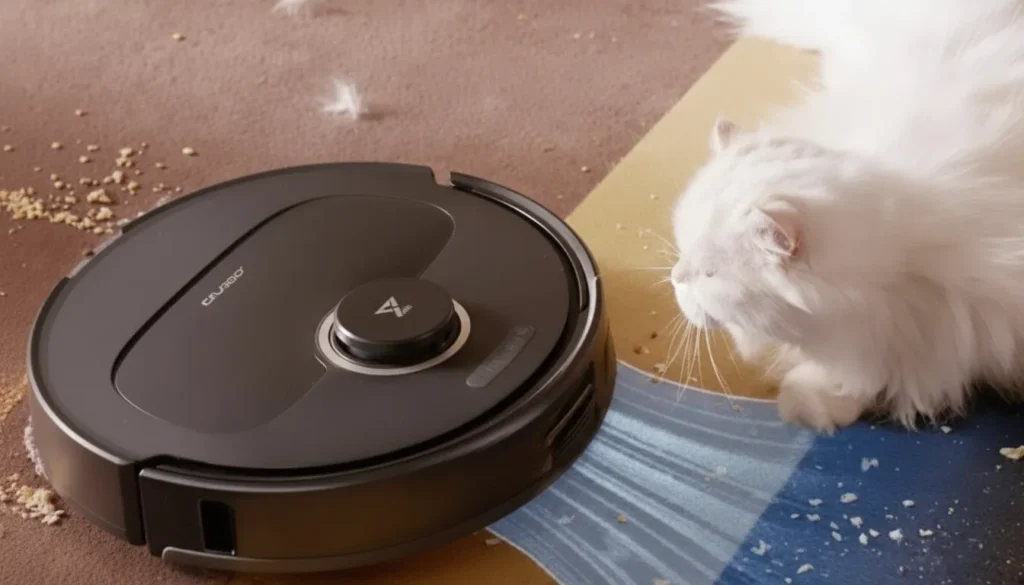 Narwal Freo X Plus showing its LiDAR navigation turret and zero-tangle brush technology housing.