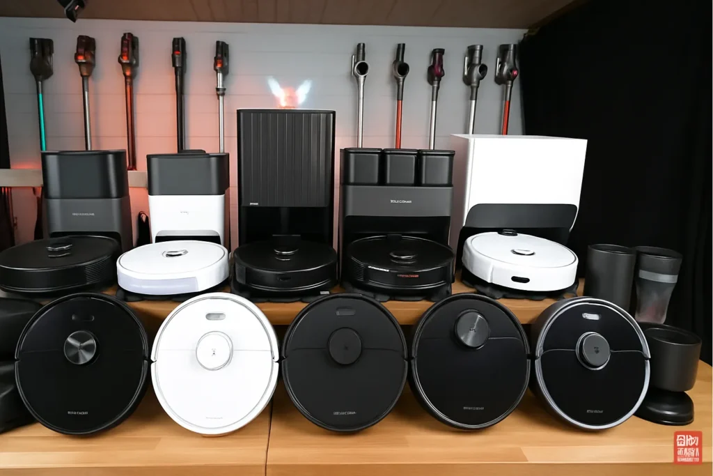 Studio shot for a 2026 Roborock buyer's guide comparing flagship and budget robot vacuums.