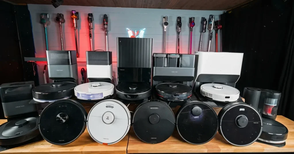 Studio shot for a Roborock buyer's guide comparing flagship and mid-range robotic cleaners.