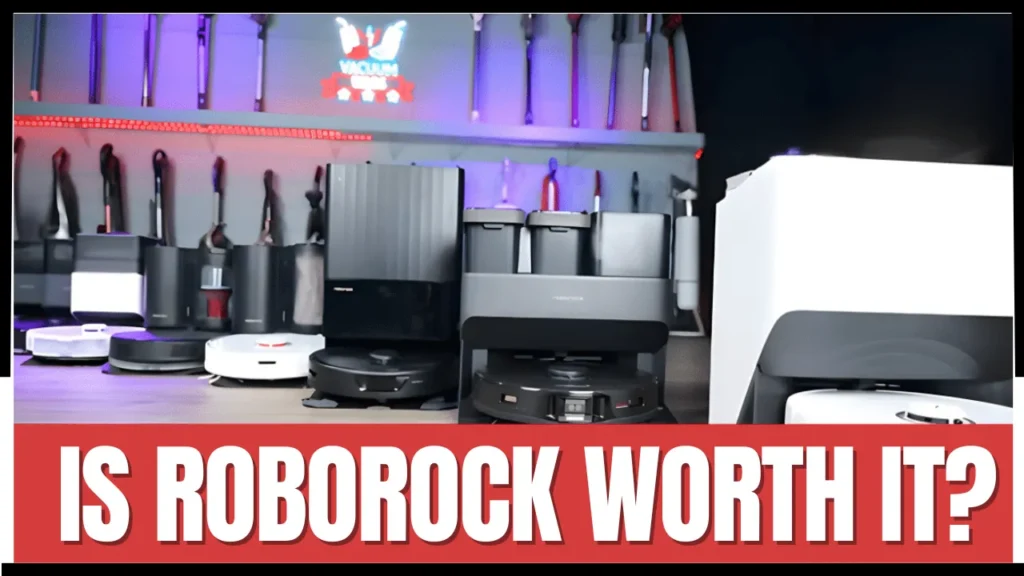 A large lineup of Roborock robot vacuums and docking stations in a testing studio.