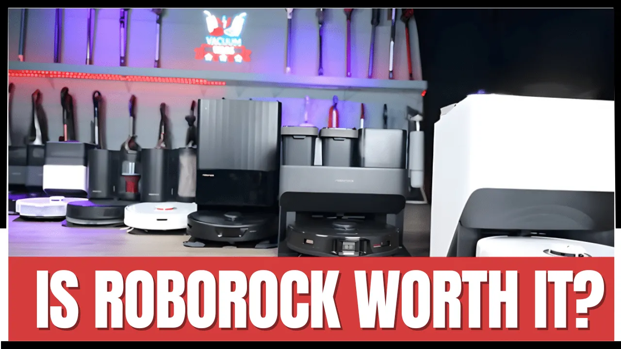 A large lineup of Roborock robot vacuums and docking stations in a testing studio.