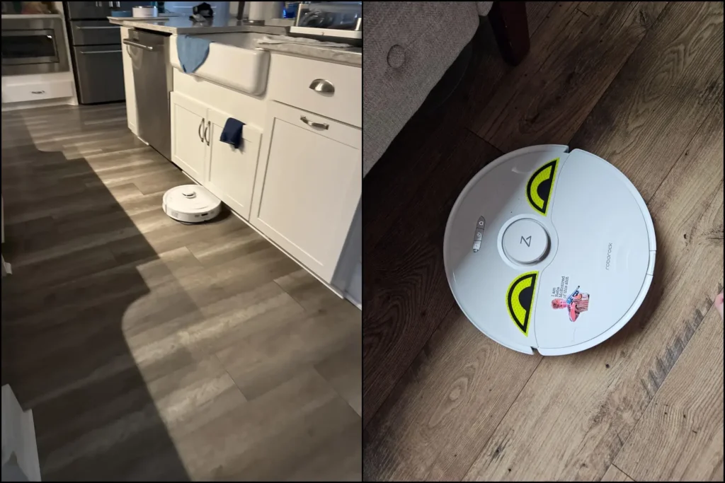 Roborock S8 and Qrevo clearance comparison for cleaning under kitchen toe kicks.