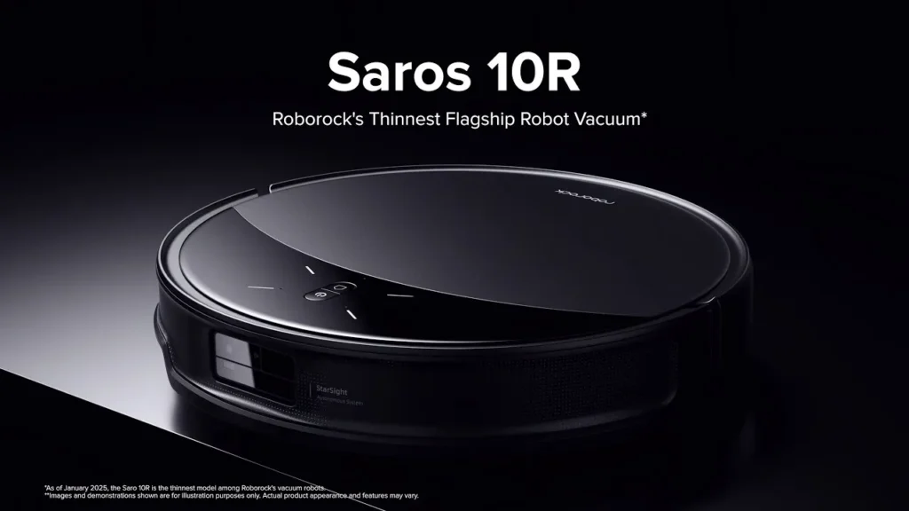 Roborock Saros 10R showing the StarSight autonomous navigation system and low-profile design.