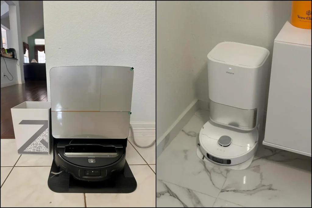 Comparison of Roborock Saros 10R and Dreame L10s Ultra robot vacuum docks on tile.