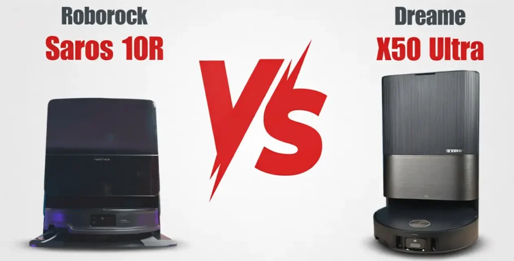 Roborock Saros 10R wide dock versus Dreame X50 Ultra tall docking station.