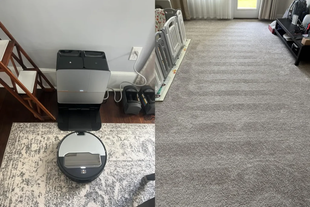 Comparison of Roborock Saros Z70 slim dock and systematic carpet cleaning patterns.