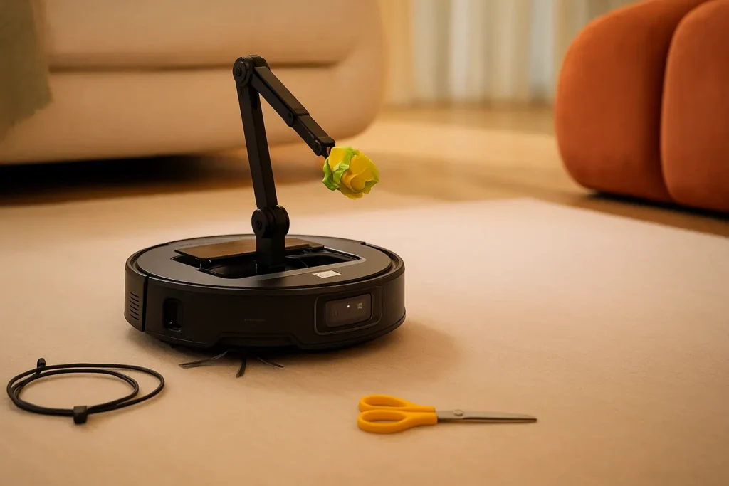 Roborock Saros Z70 robot vacuum using its mechanical arm to pick up yellow paper.