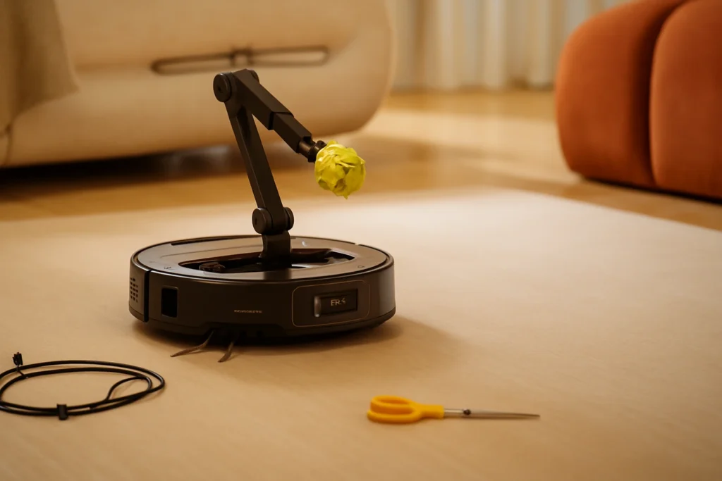  Black Roborock Saros Z70 demonstrating OmniGrip mechanical arm functionality on a rug.