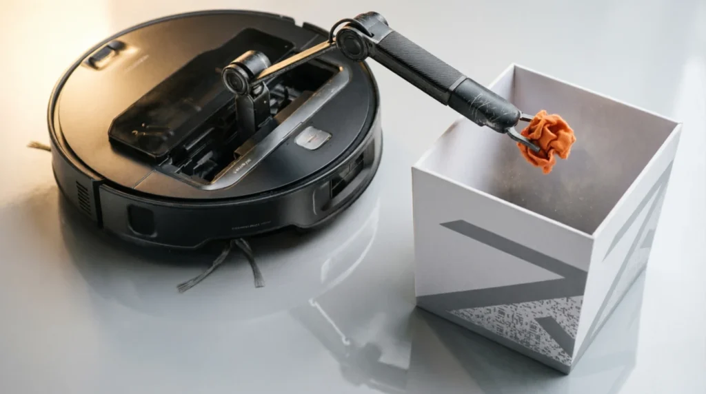 Roborock Saros Z70 Price Breakdown and Black Roborock Saros Z70 demonstrating five-axis OmniGrip mechanical arm functionality in a studio setting.