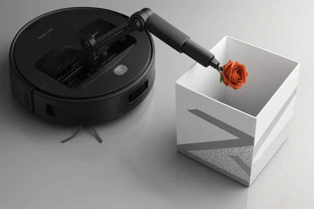 Close-up of the Roborock Saros Z70 tidying floor debris with its integrated mechanical arm.