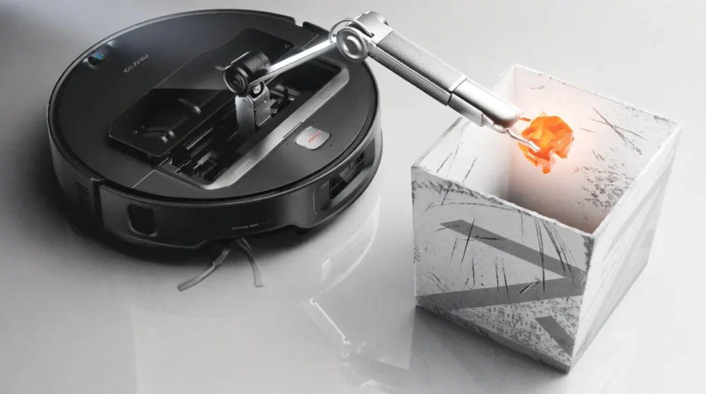 Roborock Self-Cleaning Technology Explained & Black Roborock Saros Z70 demonstrating five-axis OmniGrip mechanical arm functionality in a studio setting.