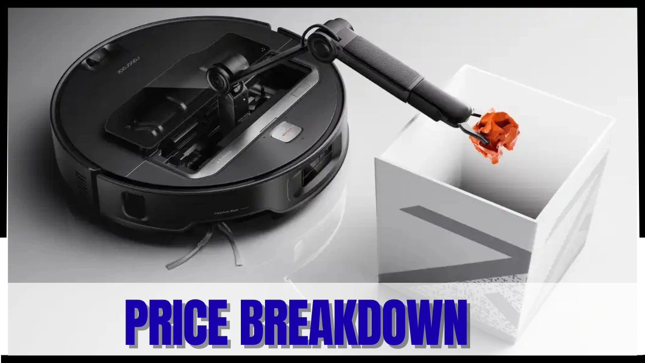 Roborock Saros Z70 robot vacuum using a mechanical arm to drop trash into a bin.
