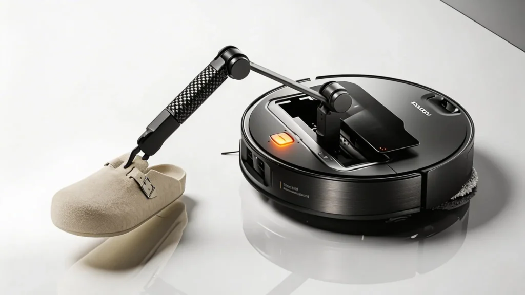 Roborock Saros Z70 five-axis OmniGrip mechanical arm lifting a shoe off the floor.