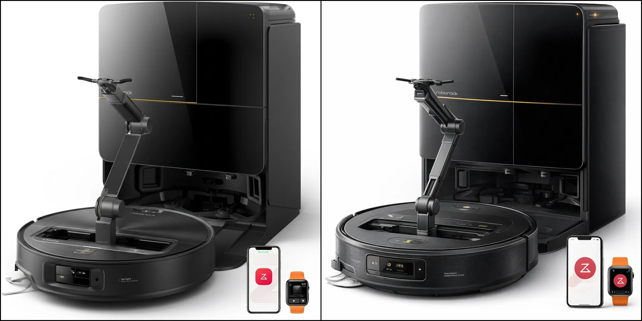 Smart robot vacuum Roborock Saros Z70 showing robotic arm for obstacle management.
