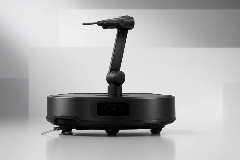 Roborock Saros Z70 robot vacuum with an extended five-axis OmniGrip mechanical arm.