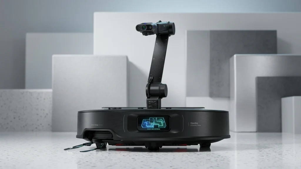 Roborock Saros Z70 robot vacuum with an extended five-axis OmniGrip mechanical arm.