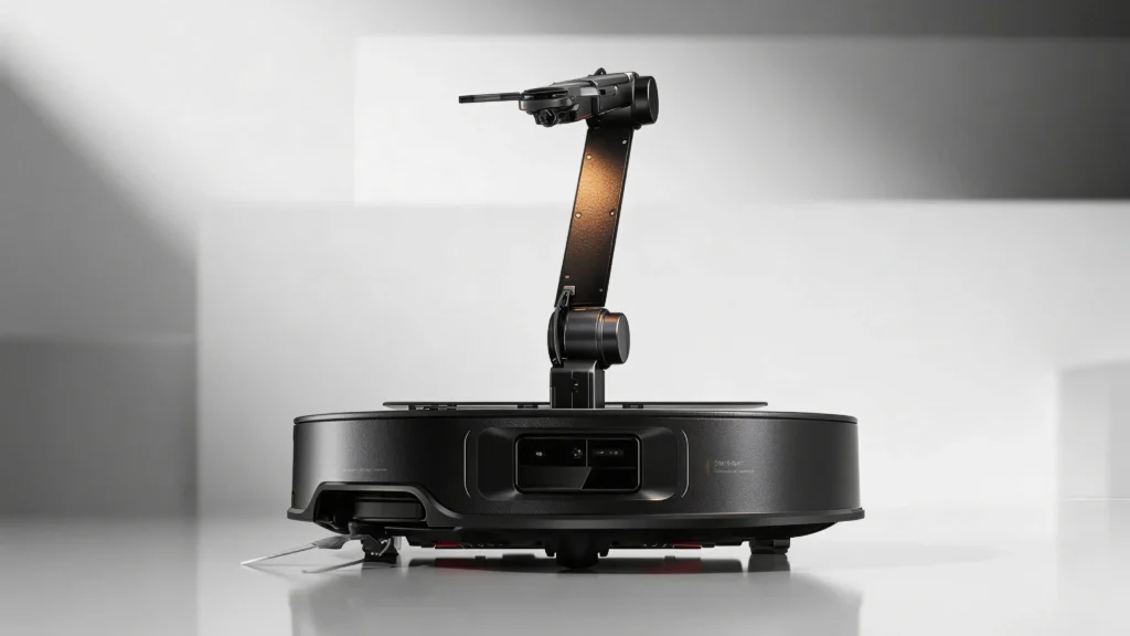 Black Roborock Saros Z70 showing its foldable robotic arm for picking up floor objects.