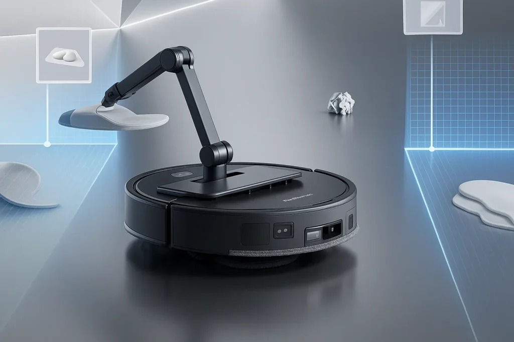 Roborock Saros Z70 robot vacuum with an extended five-axis OmniGrip mechanical arm.