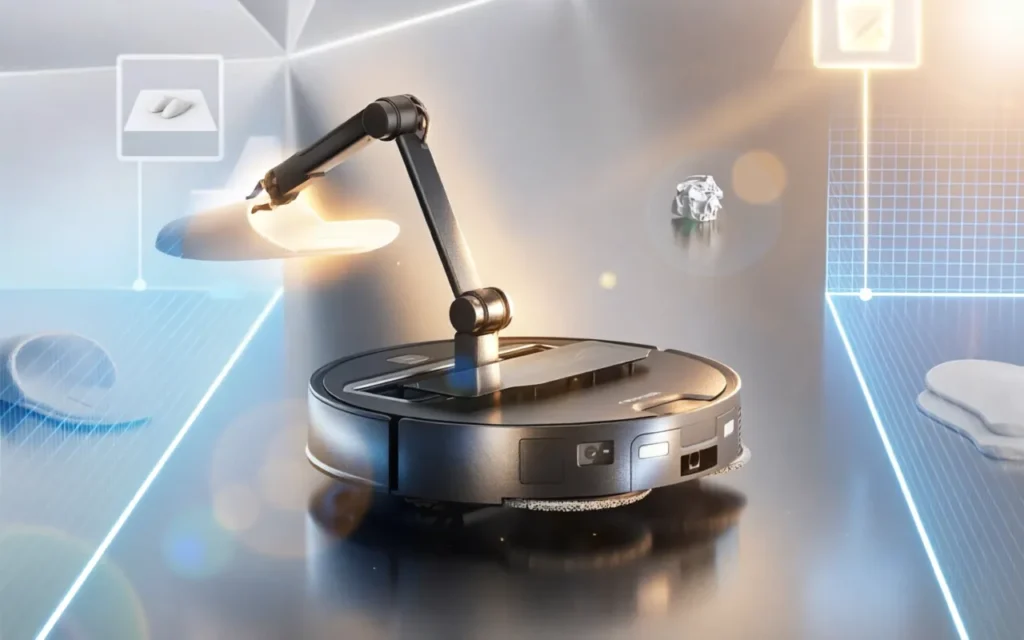  Black Roborock Saros Z70 showing its foldable robotic arm for picking up floor objects.