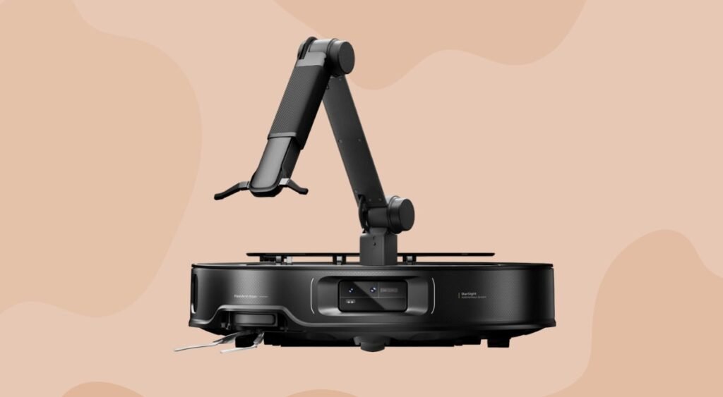 Roborock Cleaning Performance Test Roborock Saros Z70 showing foldable robotic arm for picking up household items.