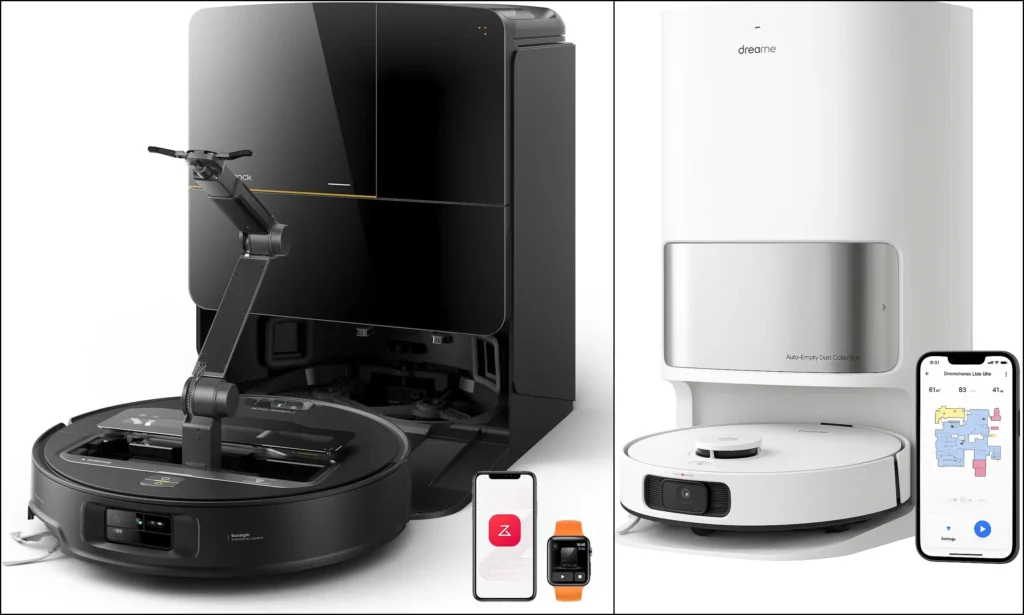 Roborock Saros Z70 mechanical arm versus Dreame L10s Ultra robot vacuum.
