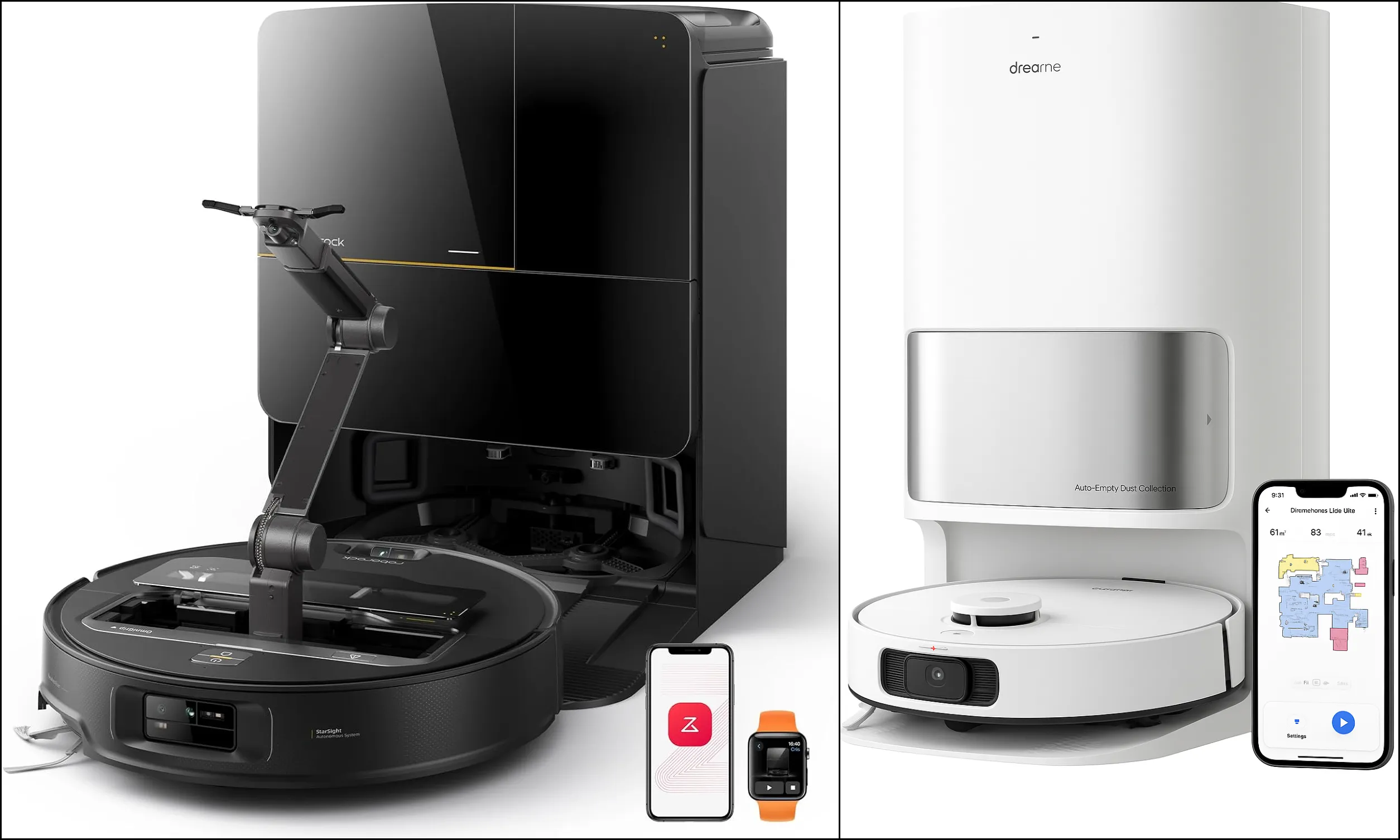 Roborock Saros Z70 mechanical arm versus Dreame L10s Ultra robot vacuum.