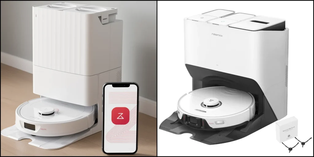 Robot vacuum comparison Roborock Saros Z70 vs S8 MaxV Ultra with mobile app.