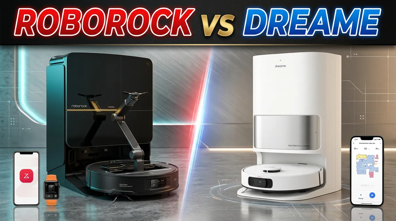 Roborock versus Dreame premium robot vacuums with self-emptying base stations side by side.