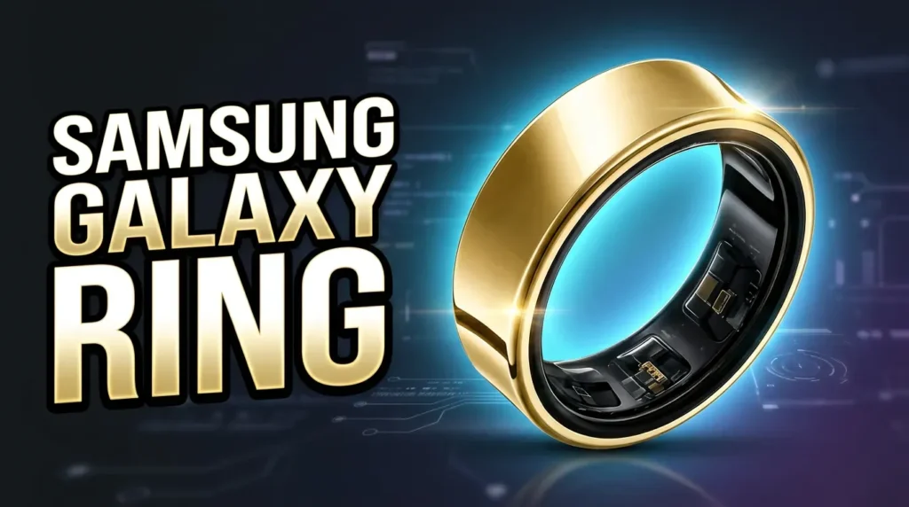 Gold Samsung Galaxy Ring showing inner sensors on tech background