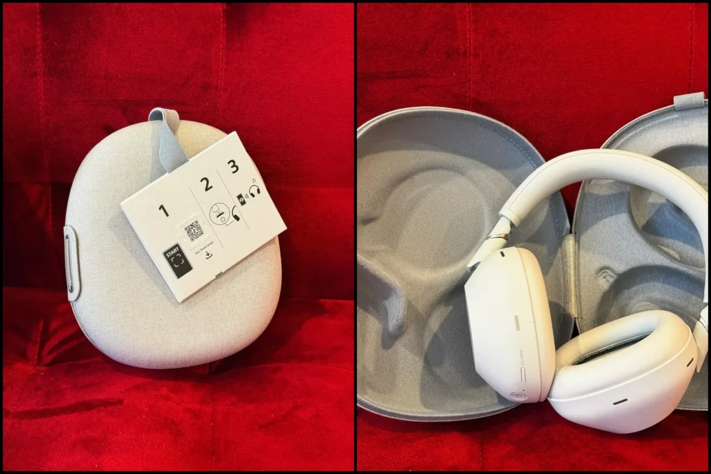 Sony WH-1000XM5 silver headphones unboxing with grey fabric carrying case.