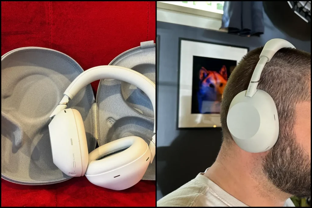 Sony WH-1000XM5 silver wireless headphones in protective travel case and worn on-ear.