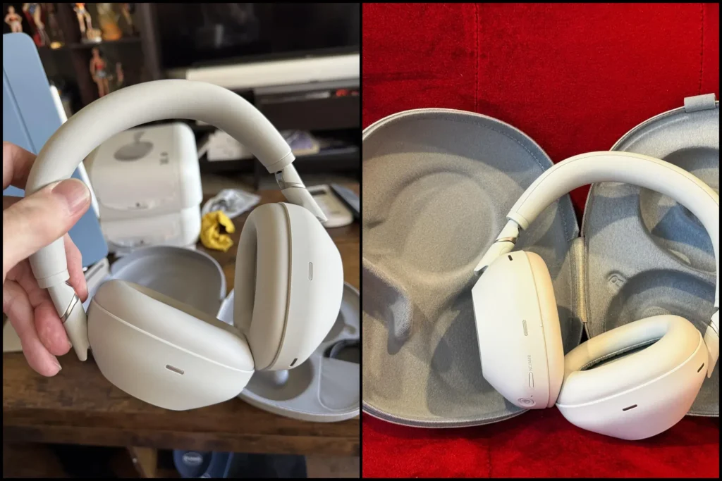 Hands-on review of Sony WH-1000XM5 silver headphones and gray fabric carrying case.