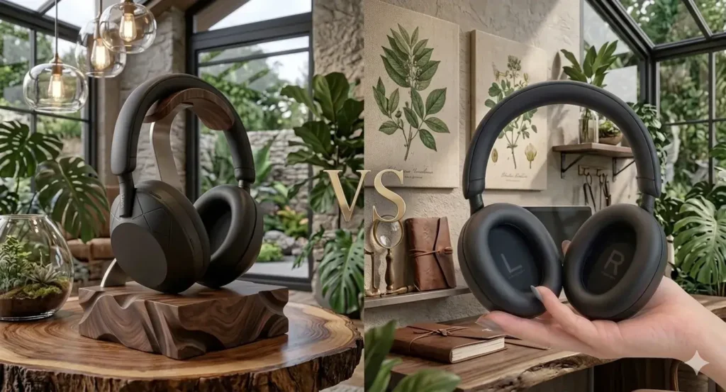 Side-by-side comparison of Sony WH-1000XM5 and Sony WH-1000XM6 headphones in a modern office.