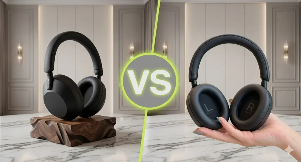 Side-by-side comparison of Sony WH-1000XM5 and WH-1000XM6 black wireless headphones. Sony WH-1000XM6 vs XM5 Comparison