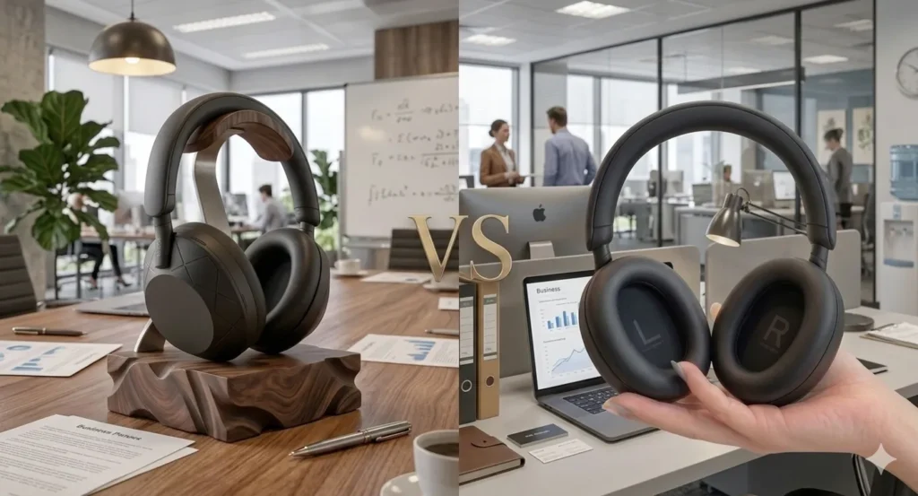 Side-by-side comparison of Sony WH-1000XM5 and Sony WH-1000XM6 headphones in an office setting.