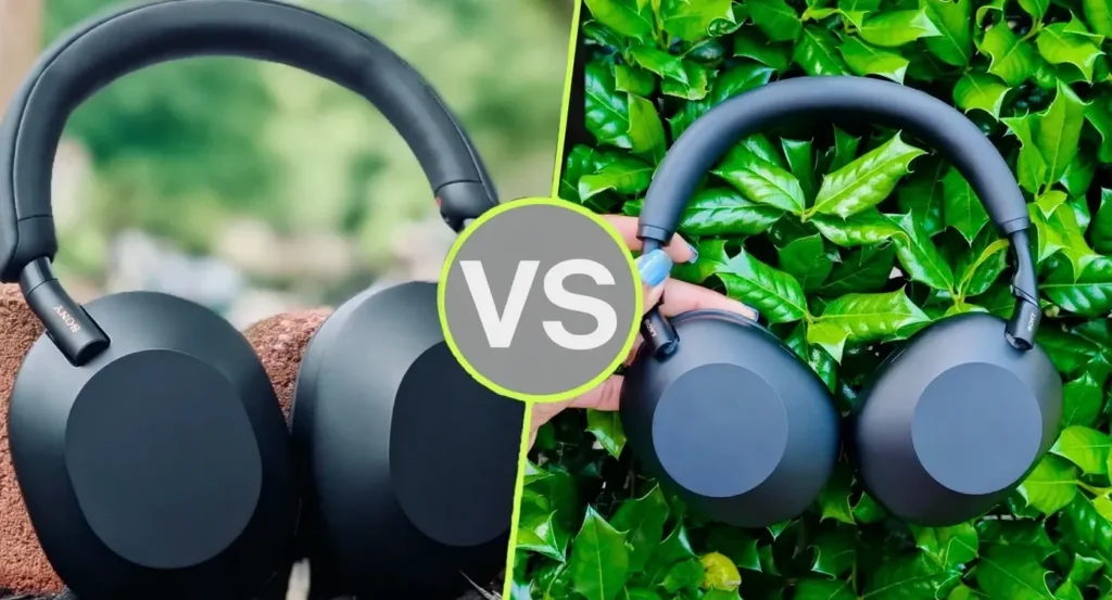 Side-by-side comparison of Sony WH-1000XM5 and Sony WH-1000XM6 headphones outdoors. Sony WH-1000XM6 vs XM5 Battery Test