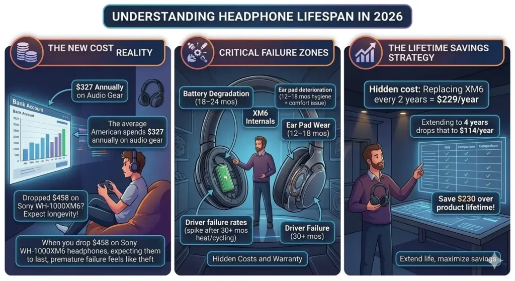 Infographic showing Sony WH-1000XM6 battery degradation and ear pad wear timelines.
