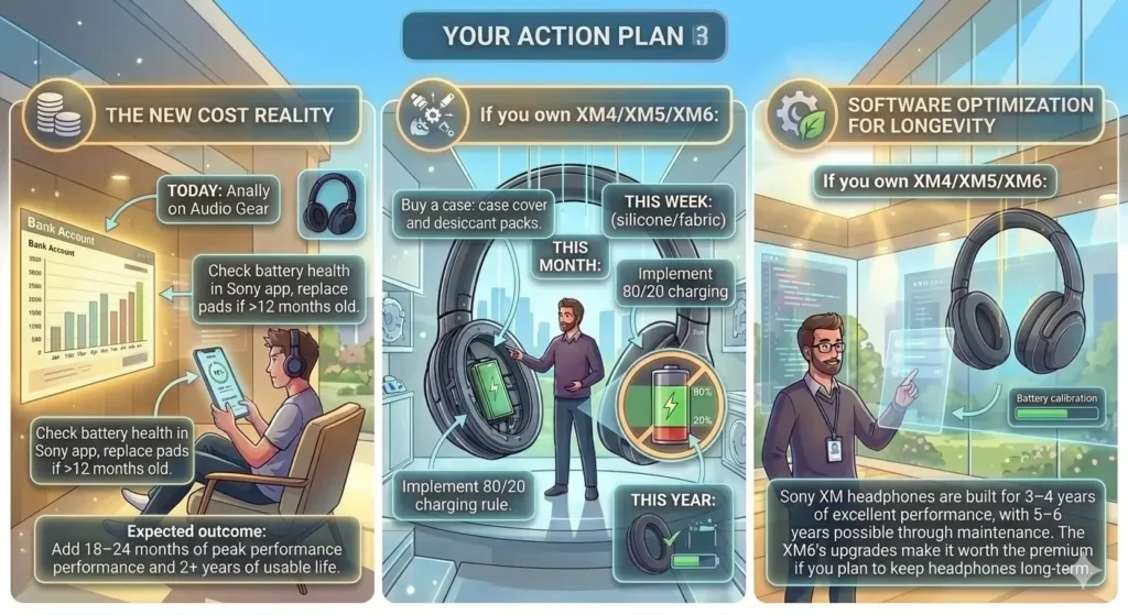 Sony XM6 maintenance guide showing battery health checks and ear pad replacement tips.