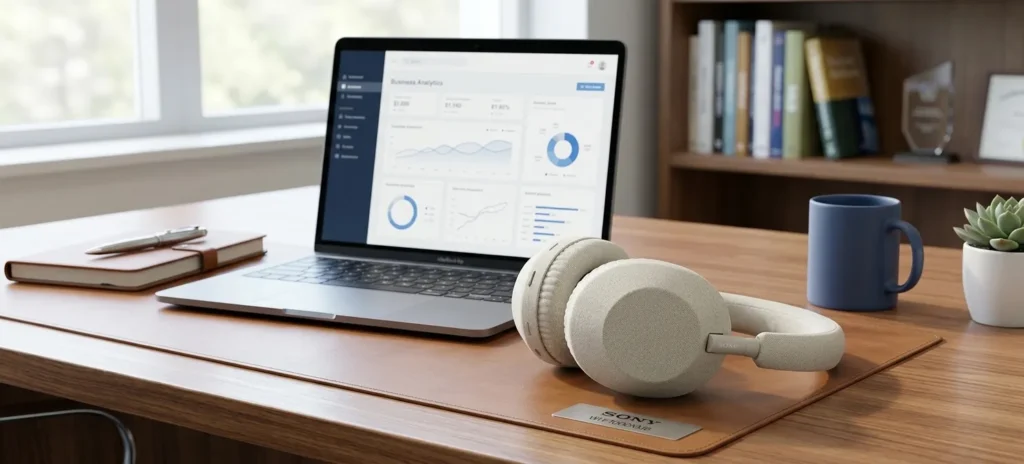 Sony WH-1000XM6 wireless headphones in sand beige on a wooden desk.