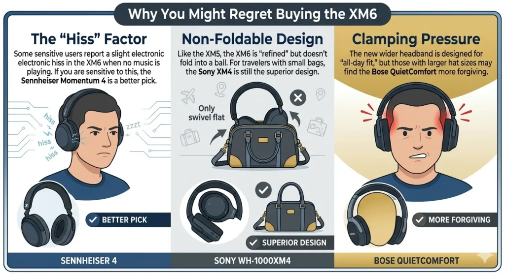 Infographic explaining why users might regret buying Sony XM6 versus Sennheiser Momentum 4.