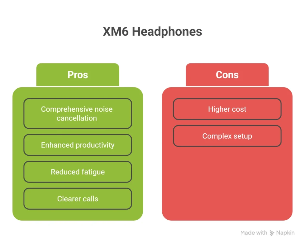 Infographic of Sony WH-1000XM6 headphone pros including noise cancellation and clearer calls.