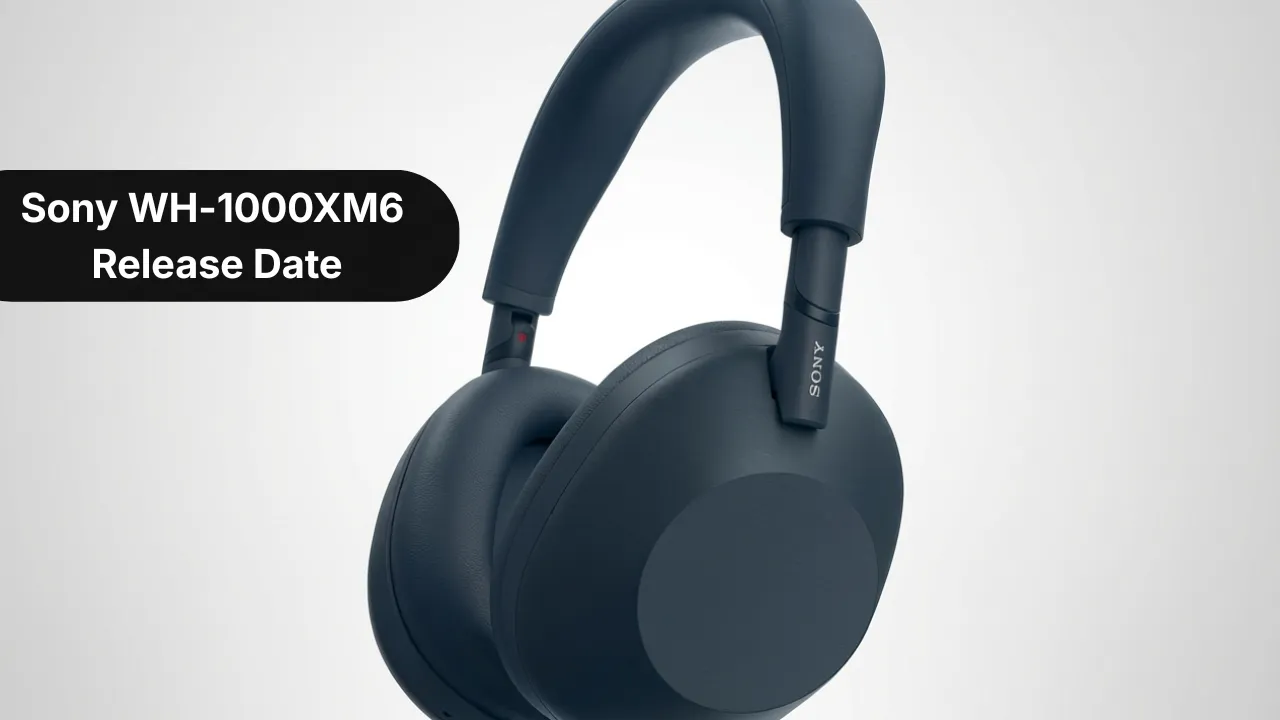 Sony WH-1000XM6 navy blue wireless headphones with release date announcement text.